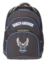Harley-Davidson Backpack w/Steel Cable Strap & Harley Eagle, Black w/Blue Trim
