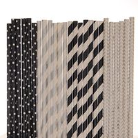Black and Silver Paper Straw Mix - Black, Silver - Striped, Chevron, Polka Dot (75)