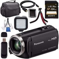 Panasonic HC-V180K Full HD Camcorder (Black) HC-V180K + Sony 64GB SDXC Card + Lens Cleaning Kit + Tripod + Carrying Case + Memory Card Wallet + Card Reader + Mini HDMI Cable + LED Light Bundle