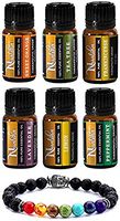 Nualoha Top 6 Aromatherapy Essential Oil Gift Set-100% Pure Natural Bulgarian Lavender, Frankincense, Lemon, Peppermint, TeaTree, Sweet Orange Oils (6x10 ml) With 7 Chakras Diffuser Bracelet