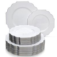 PARTY DISPOSABLE 40 PC PLASTIC PLATE SET | 20 Dinner Plates | 20 Side Plates | Heavyweight Plastic Dishes | Elegant Fine China Look | for Upscale Wedding and Dining (Baroque – White)