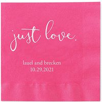 Canopy Street Just Love Personalized Luncheon Napkins - 100 Magenta Hot Pink Paper Coined Napkins with a Choice of foil. 6 1/2'' x 6 1/2'' Folded, Made in The USA