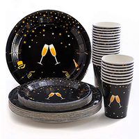 Black and Gold Party Supplies, Disposable Paper Plates, Cups, (Serves 24) 24 Dinner Plates, 24 Dessert Plates, 24 9 oz Paper Cups, Tableware Sets for Graduation, Birthday, Cocktail Party