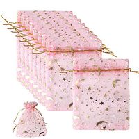 SUMAJU 100 Pieces 3.5x4.7Inch Organza Gift Bags, Pink Moon Star Jewelry Bags Candy Pouch with Drawstring Wedding Party Organza Favor Bags