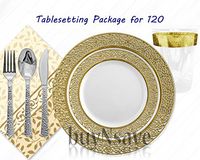 Elegant Wedding Party Disposable Plastic Plates Inspiration White with Gold,for 120 Guests,Dinner Plates10.25",Salad Plates7",Napkins,Tumblers,Forks,Spoons,Knives,with 1 Vanilla Scent Diamond Candle