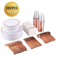 FOCUS LINE 350 Piece Disposable Rose Gold Dinnerware Set for Party or Wedding-100 Plastic Plates - 50 Plastic Silverware - 50 Plastic Cups - 50 Linen Like Rose Gold Paper Napkins(50 Guest)