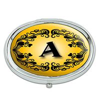 Elegant Letter A Initial Fancy Square Gold Black Metal Oval Pill Case Box