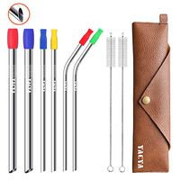 Stainless Steel Metal Straws (Angled) Set of 6 with Silicone Tips Cleaning Brushes Case, Bent/Straight Reusable Drinking Straw for Bubble Tea/Wide Boba/Smoothie/Milkshakes/Slim Straws of Multi Size
