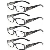 Kerecsen Women's 4 Pairs Ladies Reading Glasses Spring Hinge With Laser Pattern Readers Medium 4 Pack Black