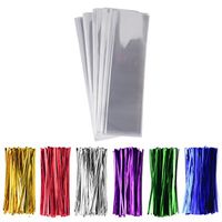 200 Pack 2" x 10" Clear Long Candy Cello Cellophane Treat Bags - 1.4mil thickness OPP Plastic Bags with 6 Mix Colors Twist Ties Perfect for Birthday Favor Candles Pretzel Icy Candy Popsicle