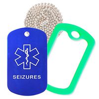 Seizures Medical Alert ID Necklace with Blue Tag, Green Silencer, and 30'' USA Chain - 154 Color Choices