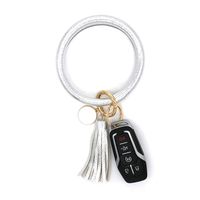 simpleGURU Bracelet Keychain with Tassel Leather Wristlet Keychain Bangle Key Ring Bracelet for Women and Girls (Silver)