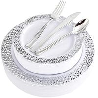 BUCLA 25 Guest Silver Plastic Plates with Disposable Plastic Silverware, Hammered Design Plastic Tableware include 25 Dinner Plates,25 Salad Plates,25 Forks, 25 Knives, 25 Spoons