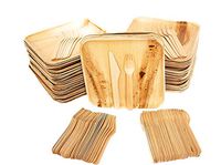 EVO ECO Palm Leaf Plates Party Pack (25 8" Square Palm Plates + 25 10'' Palm Leaf Plates + 50 Wood Forks + 50 Wood Knives) - Durable Eco Friendly Plates, Disposable Plates Eco Friendly by Evo Eco