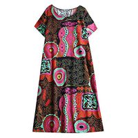 Franterd women Retro Ethnic Linen Cotton Dress Printed Dress Ethnic Print Dress
