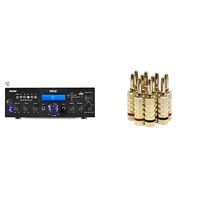 Pyle Bluetooth Stereo Amplifier Receiver with Wireless Streaming | FM Radio | MP3/USB/SD Readers | Remote Control | 200 Watt & Monoprice Gold Plated Speaker Banana Plugs - 5 Pairs - Closed Screw Type