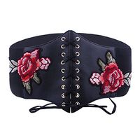 Women Elastic Embroidered Rose Floral Wide Lace Up Slim Corset Waist Sash Band Waistband