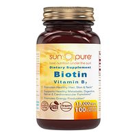 Sun Pure Premium Quality Biotin 15,000 Mcg, Veggie Capsules Glass Bottle Per Bottle - Promotes Healthy Hair, Skin & Nails - Promotes Energy Production. (100 Count)
