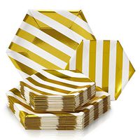 PARTY DISPOSABLE 36 PC DINNERWARE SET|18 Dinner Plates|18 Side Plates|Heavy Duty Disposable Paper Plates|Hexagon Design|Biodegradable Plates for Upscale Wedding and Dining(Stripe Collection–Gold)