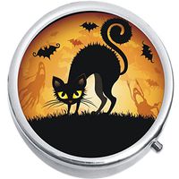 Black Cat Bats Halloween Medicine Vitamin Pill Box