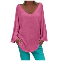 Cenglings Women's Casual V-Neck Long Sleeve Solid Color T-Shirt Loose Backless Tie Back Tops Blouse Plus Size Pullover Tops Pink