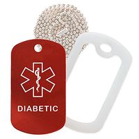 Diabetic Medical Alert ID Necklace with Red Tag, Clear Silencer, and 30'' USA Chain - 154 Color Choices