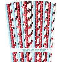 Alice in Wonderland Theme Paper Straws - Card Design Red Light Blue Dot - 7.75 Inches - 100 Pack