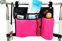 Folding Walker Bag, Wheelchair Side Pouch, Rollator Pouch,Bed Rail Organizer, Insulated Bottle Holder, Zipper Pocket, Key Holder Long Strap, Black/Pink