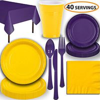 Disposable Party Supplies, Serves 40 - Yellow and Purple - Large and Small Paper Plates, 12 oz Plastic Cups, Heavyweight Cutlery, Napkins, and Tablecloths. Full Two-Tone Tableware Set