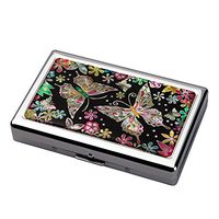 Mother of Pearl Colorful Butterfly Flower Design Extra Long 100S Super Slim King Size 16 Cigarette Engraved Metal Steel RFID Blocking Protection Credit Business Card US Bill Cash Holder Case Box