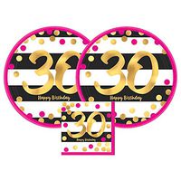 Amscan Pink & Gold 30th Birthday Party Paper Plates and Paper Napkins, 16 Servings, Bundle- 3 Items