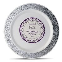 [10 Count - 10 Inch Plates] Laura Stein Designer Tableware Premium Heavyweight Plastic White Dinner Plates With Silver Border, Party & Wedding Plate, Lace Series, Disposable Dishes