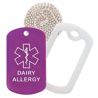 Dairy Allergy Medical Alert ID Necklace with Purple Tag, Clear Silencer, and 30'' USA Chain - 154 Color Choices