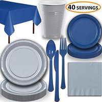 Disposable Party Supplies, Serves 40 - Silver and Blue - Large and Small Paper Plates, 12 oz Plastic Cups, Heavyweight Cutlery, Napkins, and Tablecloths. Full Two-Tone Tableware Set