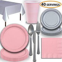 Disposable Party Supplies, Serves 40 - Light Pink and Silver - Large and Small Paper Plates, 12 oz Plastic Cups, Heavyweight Cutlery, Napkins, and Tablecloths. Full Two-Tone Tableware Set