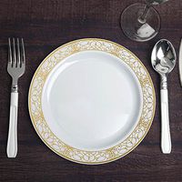 BalsaCircle 30 pcs 8-Inch White with Gold Lace Trim Plastic Round Plates - Disposable Wedding Party Catering Tableware