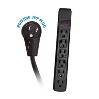 Surge Protector, Flat Rotating Plug, 6 Outlet, Black Horizontal Outlets, Plastic, Power Cord 25 foot