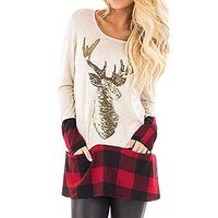 DayToy Women Long Sleeve Blouses Elk Print Tops Sweatshirt Plaid Shirts Pullover Blouses T Shirt with Pocket Beige