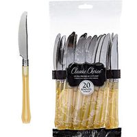ELEGANI Black & Gold Geometric Premium Tableware for Holidays, Parties, Wedding, Annniversary, New Year; Classic Silver & Gold Premium Plastic Knives (2X Pack of 20ct Each)