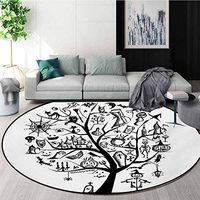 RUGSMAT Halloween Round Rugs for Bedroom,Sketchy Spooky Tree with Spooky Design Objects and Wicked Witch Broom Abstract Circle Rugs for Living Room,Round-51 Inch Black White