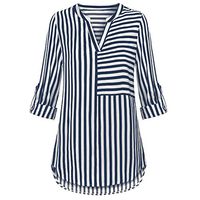 NEARTIME Women's Chiffon Blouse Fashion Striped Split V-Neck T-Shirts Long Sleeve Casual Shirt Long Tops