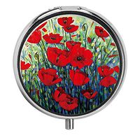 Huayuanhurug Vintage Red Poppy Flower Ink Painting Art Pill Case Round 3 Compartment Metal Portable Pill Container for Daily Use