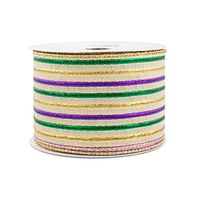 Lamé Striped Mardi Gras Ribbon - 2 1/2" x 10 Yards, Wired Edges, Purple, Green and Gold Stripes, Easter, Fat Tuesday, Carnival, Christmas Decor, Spring, Holiday Garland, Gifts, Wrapping, Wreaths, Bows