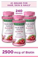 Hair Skin and Nails Vitamins with Biotin and Vitamin C by Nature's Bounty Optimal Solutions, Hair Skin and Nails Gummies - Strawberry Flavored, 80 Gummies (3-pack)