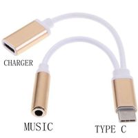 2 in 1 USB C Type C to 3.5mm Audio Jack Headphone Adapter Charger Charging Cable Compatible Force Droid, Play Droid, Xiaomi Mi 6, Lumia 950 Golden