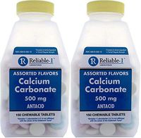 Calcium 500 mg Generic for Tums Assorted Fruit Flavored Chewable Tablets Regular Strength Antacid for Acid Indigestion, Heartburn, Sour Stomach 150 Chewable Tablets per Bottle PACK of 2