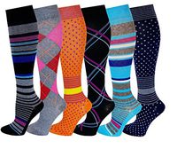 6 Pairs Pack Moderate Sports, Travelers, Anti-Fatigue, Graduated Compression Knee High Socks 9-11 (Assorted 1)