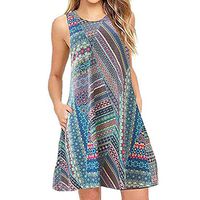 FengGa Women's Sleeveless Dress Fashion Summer Casual Floral Printed Boho Beach Coverup Dress Sundress with Pocket Blue