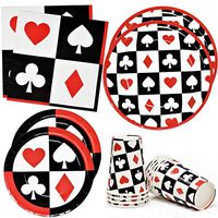 Casino Game Poker Night Party Supplies Tableware Set 24 9" Dinner Plates 24 7" Plate 24 9 Oz. Cups 50 Lunch Napkins for Card playing Club Heart Spade Black & Red Theme Disposable Birthday Paper Goods