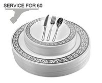 Tiger Chef Plastic Dinnerware 300 Piece Set Service For 60 Guests Includes 60 10.75-inch Dinner Plates 60 7-inch Salad Plates 6 Cutlery Sets Forks, Spoons, And Knives Disposable BPA Free